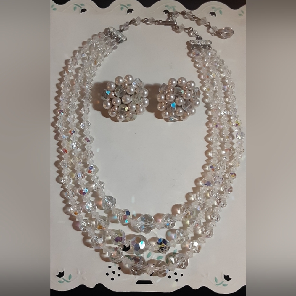 c1930-40 AB Crystal 3 Strand Choker w/ Faux Pearl & AB Crystal Cluster Earrings